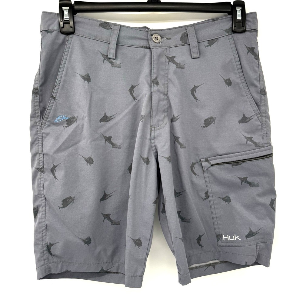 Huk Fishing Shorts Mens 30 Gray Marlin Print Pursuit Performance Stretch Pockets